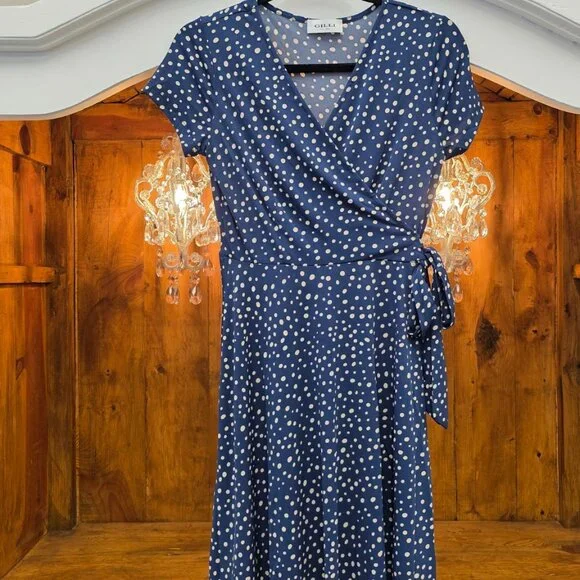 Gilli Blue Ivory Polka Dot Faux Wrap Fit & Flare Dress XS Side Tie Stretch NWT - Picture 2 of 7
